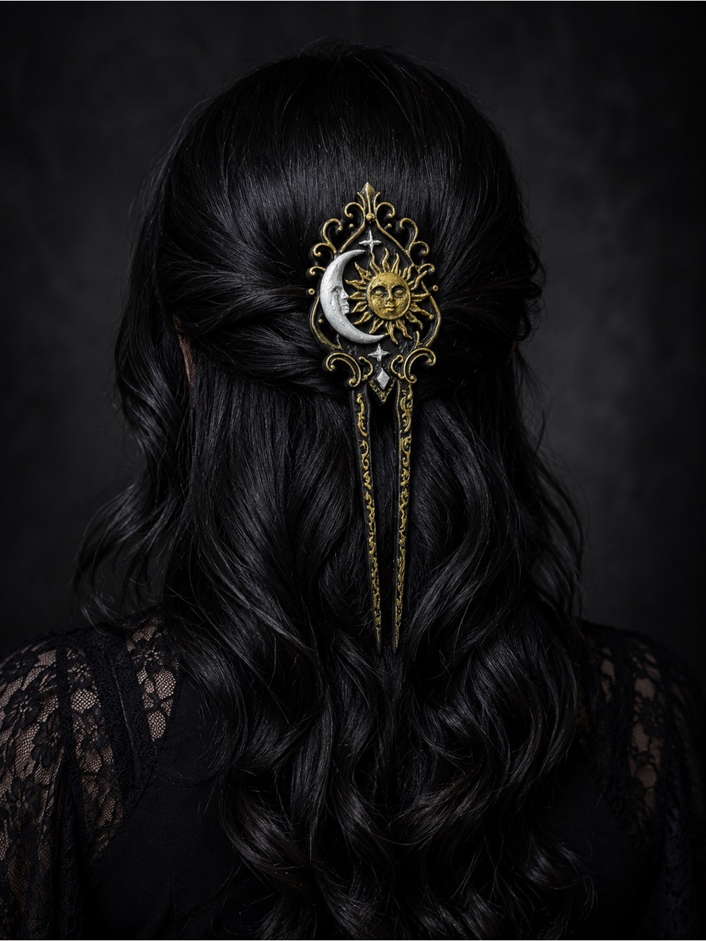 Sun & Moon Ornate Hair Fork - Gold & Silver Accent - Picture 2 of 5